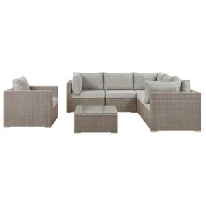 Garden Lounge Set Taupe PE Rattan Corner Sofa Armchair Coffee Table Grey Cushions Beliani