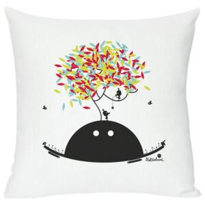 Spring wishes Cushion - Screen printed cushion made of linen & cotton by Domestic White/Multicoloured/Black