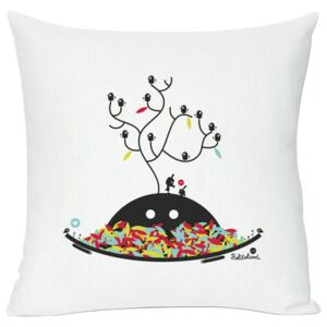 Autumn wishes Cushion - Screen printed cushion made of linen & cotton by Domestic White/Multicoloured/Black