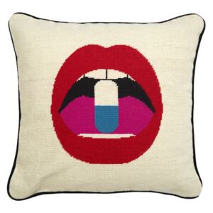 Lips Full Dose Cushion - / Hand-embroidered - 46 x 46 cm by Jonathan Adler Red/Multicoloured/Beige
