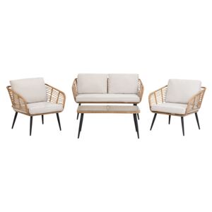 Garden Conversation Sofa Set Beige Faux Rattan with Cushions and Coffee Table Beliani