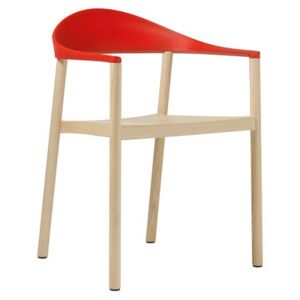 Monza Stackable armchair - Plastic & wood by Plank Red/Natural wood