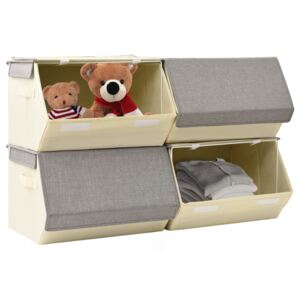 Stackable Storage Boxes with Lid Set of 4 pcs Fabric Grey&Cream