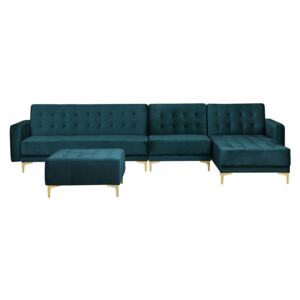 Corner Sofa Bed Teal Velvet Tufted Fabric Modern L-Shaped Modular 5 Seater with Ottoman Left Hand Chaise Longue Beliani