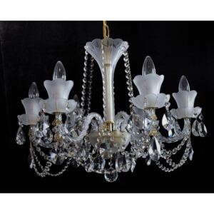 6-arm crystal chandelier made of sand blasted glass & cut crystal almonds