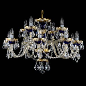 12 Arms Blue enameled crystal chandelier with glass flowers & almonds