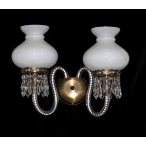 2-arm strass wall light with white glass cylinders ANTIK brass