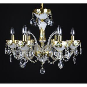 6-arm white crystal chandelier with glass flowers on the gold base