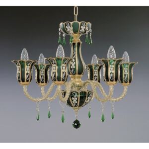 6-arm green crystal chandelier made of panelled art glass "GOLD & GREEN"