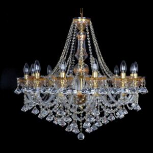 12-arm crystal chandelier decorated with 24K gold and diamond-shaped trimmings