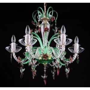 6-arm green crystal chandelier with glass flowers and birds