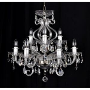 9-arm silver crystal chandelier with 6 glass horns & cut crystal almonds