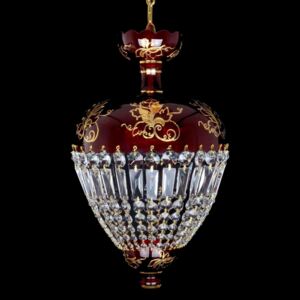 Crystal basket chandelier made of ruby glass decorated with a painting of real 24K gold