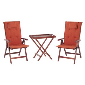 Garden Bistro Set Dark Acacia Wood with Red Cushions Tea Table 2 Folding Chairs UV Resistant Beliani