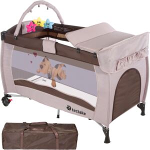 Tectake 400466 travel cot dog with changing mat and play bar - brown