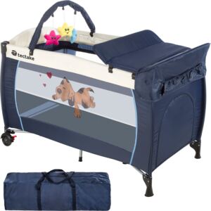 Tectake 400534 travel cot dog with changing mat and play bar - blue
