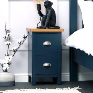 Rutland Blue Painted Oak 2 Drawer Narrow Bedside Table