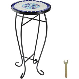 Tectake 402769 garden table flower stool mosaic - white/blue