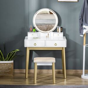 HOMCOM Makeup Vanity Table Set with Round Mirror, Built-in 3 Color LED Light, Dressing Desk with 4 Drawers and Cushioned Stool for Bedroom, White