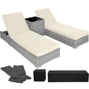 Tectake 403770 2 sunloungers + table with protective cover rattan aluminium - light grey