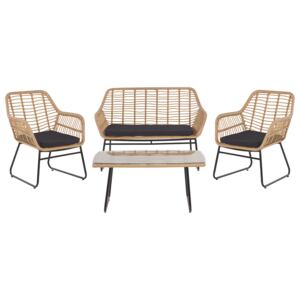 Garden Conversation Sofa Set Black Faux Rattan with Seat Pads and Coffee Table Beliani