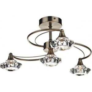 Dar Lighting LUT0475 Luther 4 Light Semi Flush Complete With Crystal Glass Antique Brass