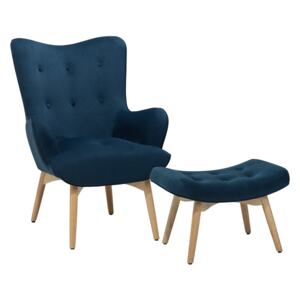 Wingback Chair with Ottoman Blue Velvet Fabric Buttoned Retro Style Beliani