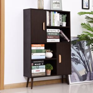 HOMCOM Free Standing Bookcase Shelves W/ Two Doors, 80L x 23.5W x 123Hcm-Walnut