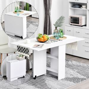 HOMCOM Mobile Drop Leaf Dining Table W/ 2 Wheels, Storage Shelves-White Wood Grain