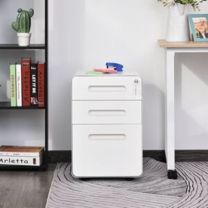 Vinsetto Steel 3-Drawer Curved Mobile File Cabinet w/ Lock All-Metal Rolling White Vertical File Cabinet | Aosom UK