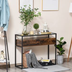 HOMCOM Industrial Style Entryway Console Table Desk with Drawers, Toughened Glass Shelf, 3D Wood Grain