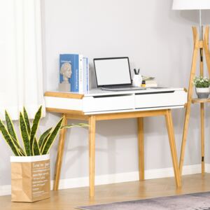 HOMCOM Writing Desk with Drawers, Study Table Laptop Desk Workstation with Bamboo Elements for Home Office White
