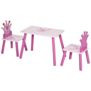 HOMCOM 3-Piece Set Kids Wooden Table Chair with Crown Pattern Easy to Clean Gift for Girls Toddlers Age 3 to 8 Years Old Pink