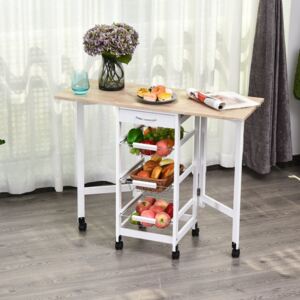 HOMCOM Drop-Leaf Kitchen Trolley w/ 3 Baskets Drawer Surface Top 6 Wheels Rolling Storage Unit Kitchen Home Dining Cart White Oak Tone