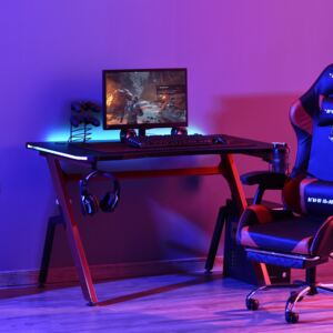 HOMCOM LED Ergonomic Gaming Desk Computer Desk Writing Table with Cup Holder Cable Management