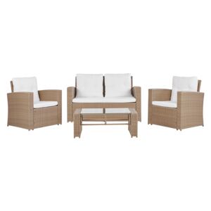 Garden Sofa Set Light Brown Faux Rattan with Beige Cushions with Coffee Table 4 Seater Beliani