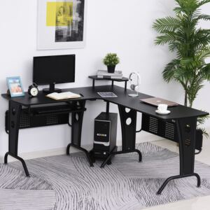 HOMCOM Steel MDF Top L-Shaped Corner Desk w/ Keyboard Tray Black