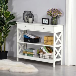 HOMCOM Console Table Sofa Side Desk with Storage Shelves Drawers X Frame for Living Room Entryway Bedroom White