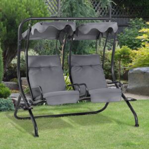 Outsunny Canopy Swing Modern Outdoor Relax Chairs w/ 2 Separate Chairs, Headrests and Removable Sun Shade Canopy, Grey