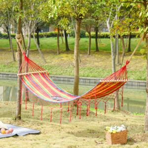 Outsunny 290 x 100cm Cotton Hammock Hanging Hammock Bed Outdoor & Indoor with Wood Stricker and Fringed Macrame, 150kg, Rainbow Stripe