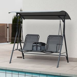 Outsunny 2-Seater Swing Chair w/ Middle Table Steel Frame Adjustable Canopy Sling Seats Cup Holders Patio Balcony Seating Sun Lounger Grey