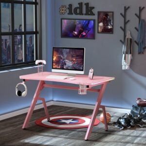 HOMCOM Gaming Desk Racing Style Home Office Ergonomic Computer Table with RGB LED Lights, Hook, Cup Holder, Controller Rack & Cable Management, Pink
