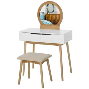 HOMCOM 2 Piece Modern Vanity Table Set, Makeup Table with Padded Stool, 2 Large Drawers, Round Mirror, Natural