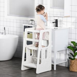 HOMCOM Kids Step Stool Adjustable Standing Platform Toddler Kitchen Stool -Standing Tower with Three Adjustable Heights, White