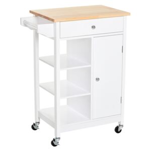 HOMCOM Kitchen Storage Trolley Unit w/ Wood Top 3 Shelves Cupboard Drawer Rail 4 Wheels Handles Moving Shelf Handy Spacesaver White