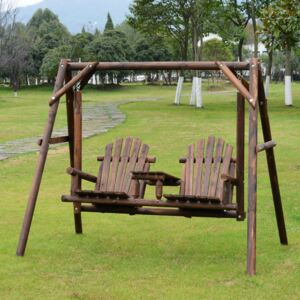 Outsunny 2 Seat Wooden Porch Log Swing A-Frame Rustic Patio Bench Outdoor Garden w/ Table