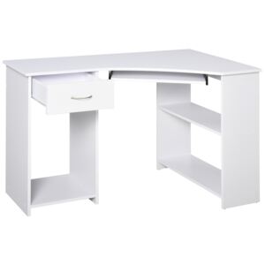 HOMCOM L-Shaped Corner Computer Desk & 2-Tier Side Shelves Wide Table Top with Keyboard Tray Office Study Bedroom Furniture White