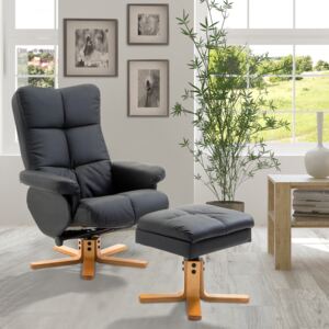 HOMCOM Wooden Recliner PU Leather Chair Adjustable Base Swivel and Ottoman Footrest W/Stool-Black