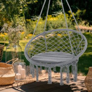 Outsunny Cotton-Polyester Blend Macrame Hanging Chair Swing Hammock for Indoor & Outdoor Use with Backrest, Fringe Tassels, Grey