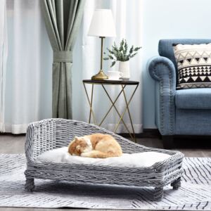 Pawhut Wicker Dog Cat Bed Kitten Lounger Pet Bed Rattan Willow Basket Soft Cushion Lightweight 69 x 42 x 33 cm Grey